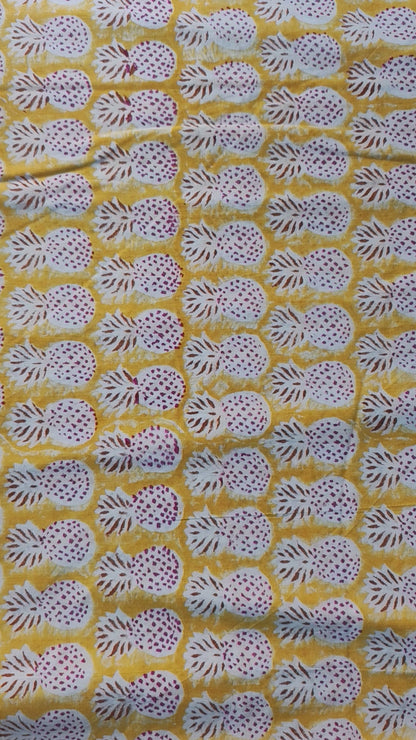 Sanganeri Hand Block Print Cotton Fabric – Mustard Yellow Pineapple Motif