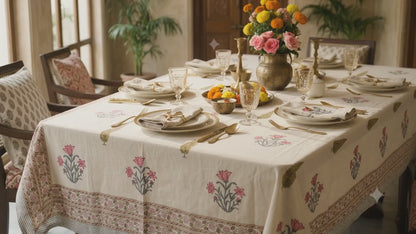 Sanganeri Hand Block Print Cotton Tablecloth 90x108, Pink Floral Mughal Buta Table Cover, 8 Seater Indian Dining Linen, Handmade Gif