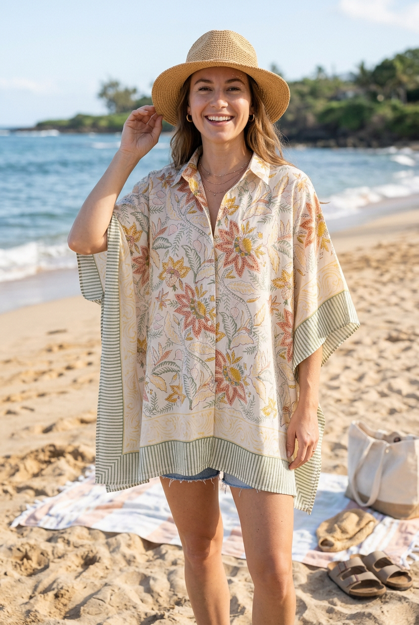 Hand Block Printed Pure Cotton Short Kaftan for Women, Free Size Relaxed Fit Maxi, Lounge, Nightwear, Beach Cover-Up, Handmade Ethnic Boho Kaftan