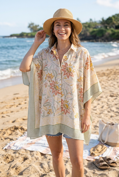 Hand Block Printed Pure Cotton Short Kaftan for Women, Free Size Relaxed Fit Maxi, Lounge, Nightwear, Beach Cover-Up, Handmade Ethnic Boho Kaftan