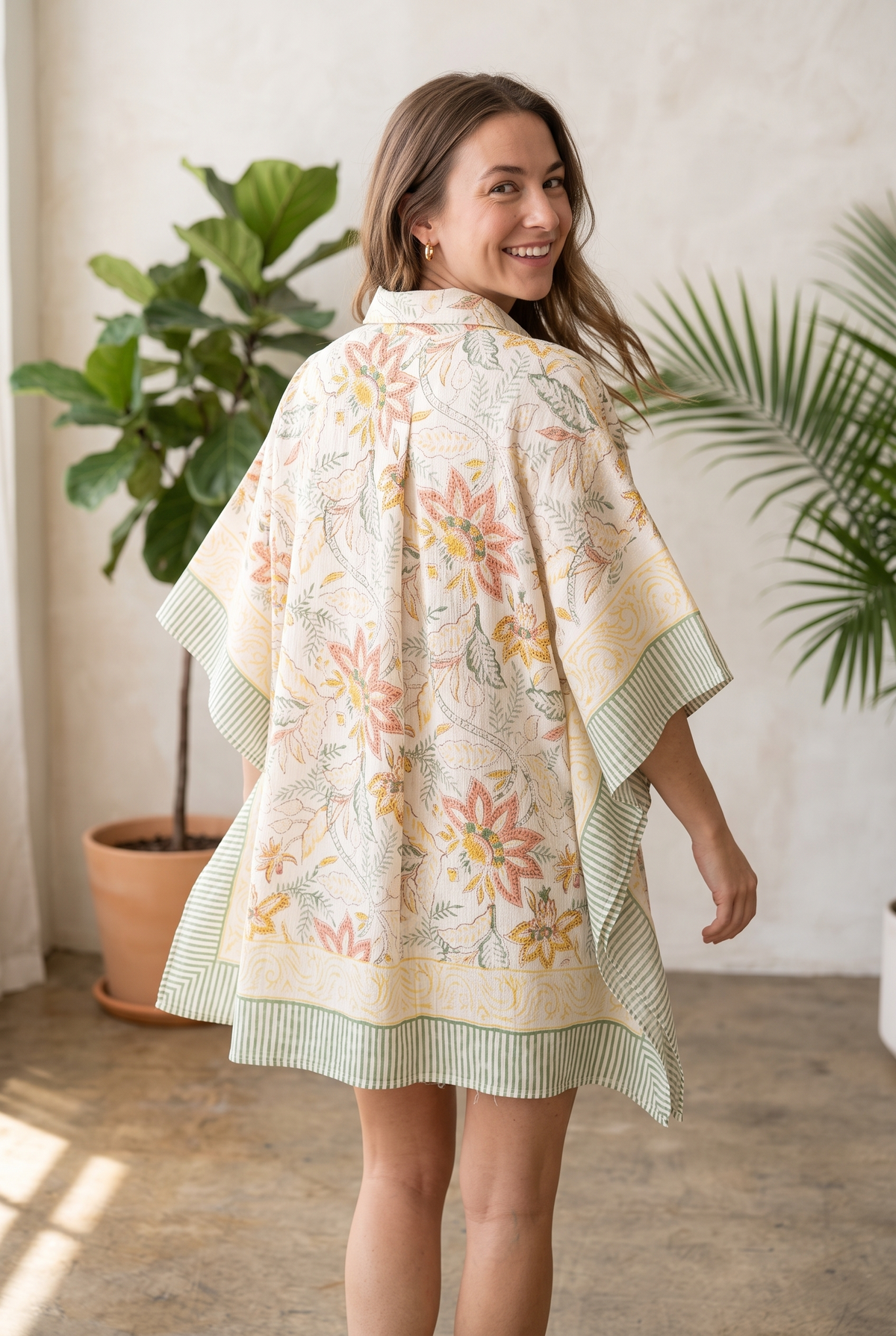 Hand Block Printed Pure Cotton Short Kaftan for Women, Free Size Relaxed Fit Maxi, Lounge, Nightwear, Beach Cover-Up, Handmade Ethnic Boho Kaftan